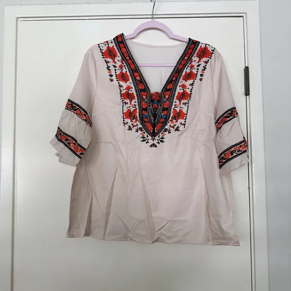 Bohemian Embroidered V-Neck Peasant Blouse - Image 3
