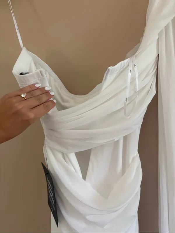Lulus Nathalia White Mesh One-Shoulder Sash Mini Dress Size XS Bridal Classic - Image 8