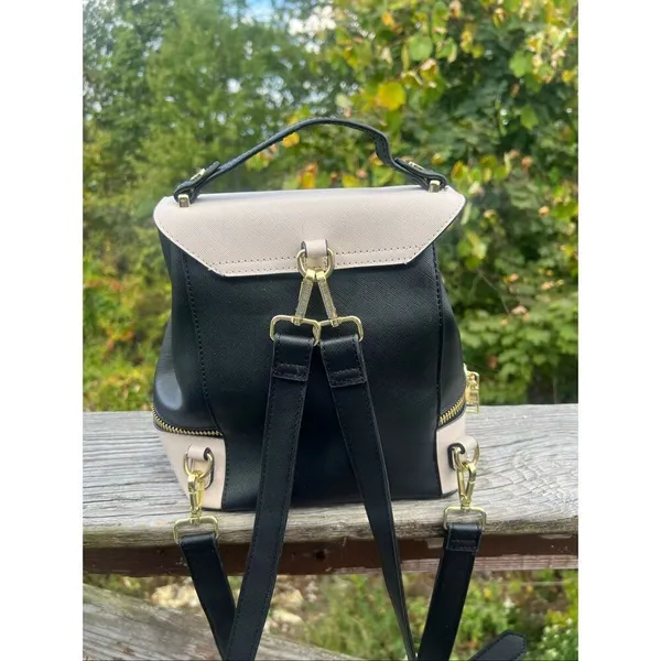 Steve Madden Backpack With Top Handle Purse Faux Leather Black Cream - Image 2