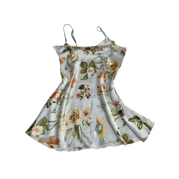 Floral Butterfly Dragonfly Satin Slip Dress White‎ Yellow Medium Summer Mini - Image 2