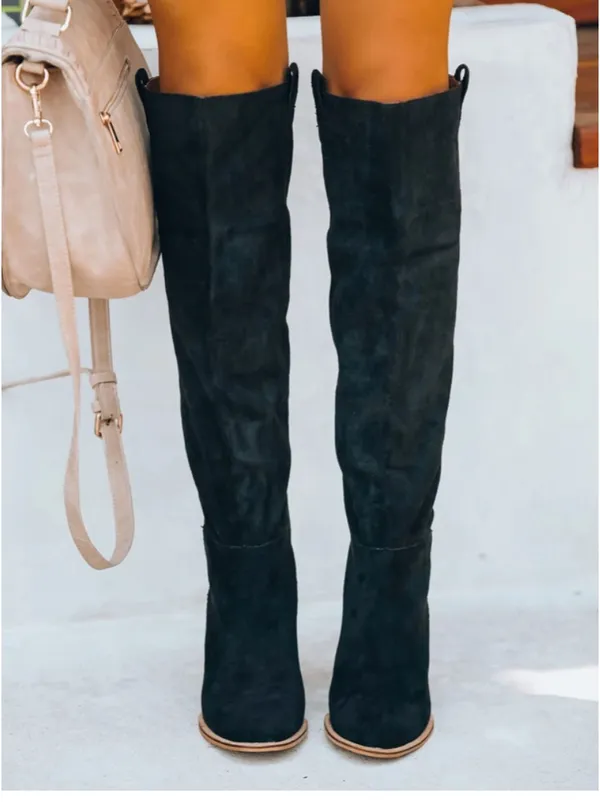 Women’s Black Suede Knee-High Block Heel Boots - Image 2