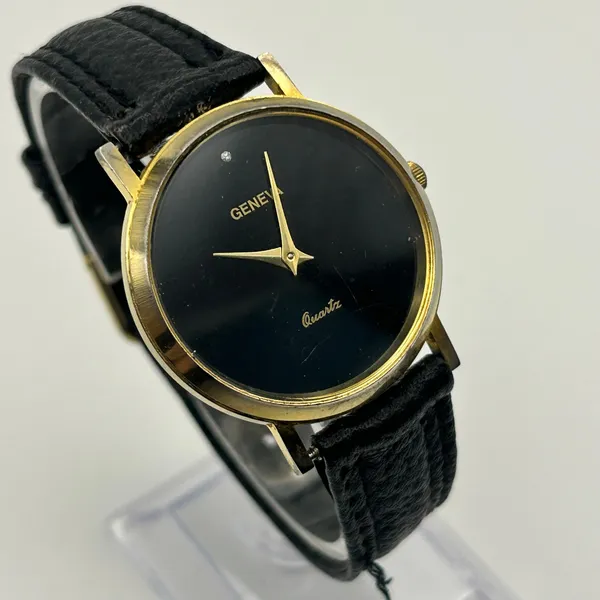 Geneva Gold-tone Black Dial & Leather Strap Minimalist Watch Working - Image 3