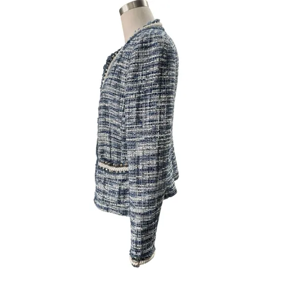 Boston Proper Blue Tweed Jacket Blazer Size 8 Bead Accents Rope Trim - Image 2