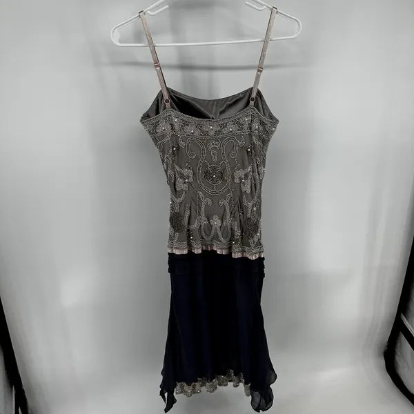 Vintage Cache Dress 100% Silk Knee Beaded Embellished Bow Cami Gray Purple 4 - Image 6