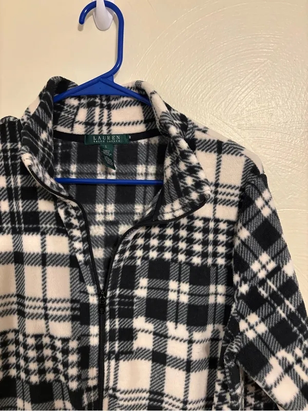 Lauren Ralph Lauren Black White Plaid Fleece Jacket Full Zip Size L - Image 6