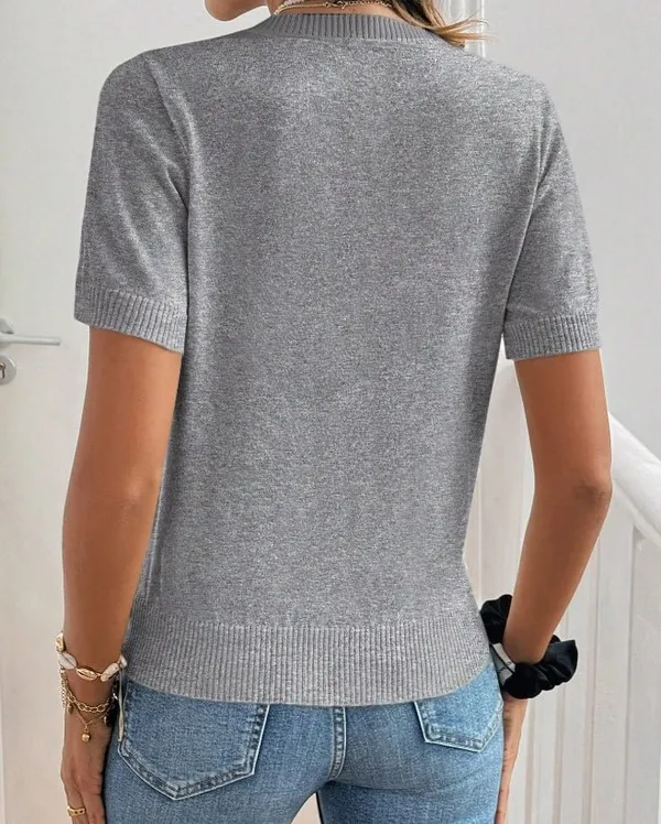Grey Heart Print Short Sleeve Knit Top - Image 2