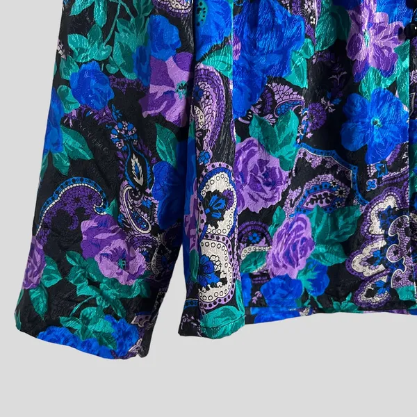 Vintage Wilroy Rare Purple Blue Floral Paisley Satin Long Sleeve Blouse Size 10 - Image 3