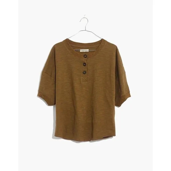 Madewell Rustic 100% Cotton Jersey Raw-Edge Henley Cropped Short Sleeve Tee M - Image 2