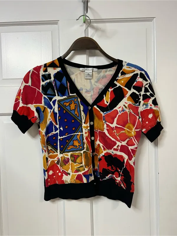 Peter Nygard Colorblock Floral & Geometric Short Sleeve Cardigan - Image 2