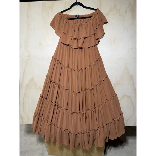 Lulus Chance‎ For Us Light Brown Off-the-Shoulder Ruffled Maxi Dress XL - Image 2