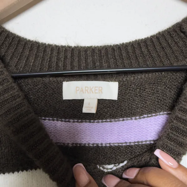 Parker Women Sweater Large Brown Striped Flora Embroidered Cozy Oversize - Image 7