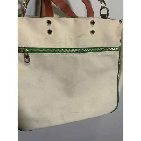 Boulevard Codie Tote Bag Womens Cream Green Canvas Leather Trim Preppy Work - Image 3