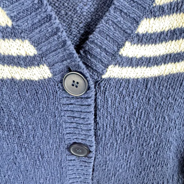 525 America Womens Navy Blue Striped Cotton Cropped V-Neck Cardigan Sweater S - Image 3