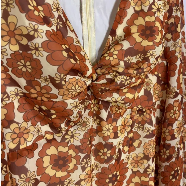 Retro Mini Dress Brown Mod Floral 70s Boho Bell Sleeve Groovy Festival Hippie L - Image 4