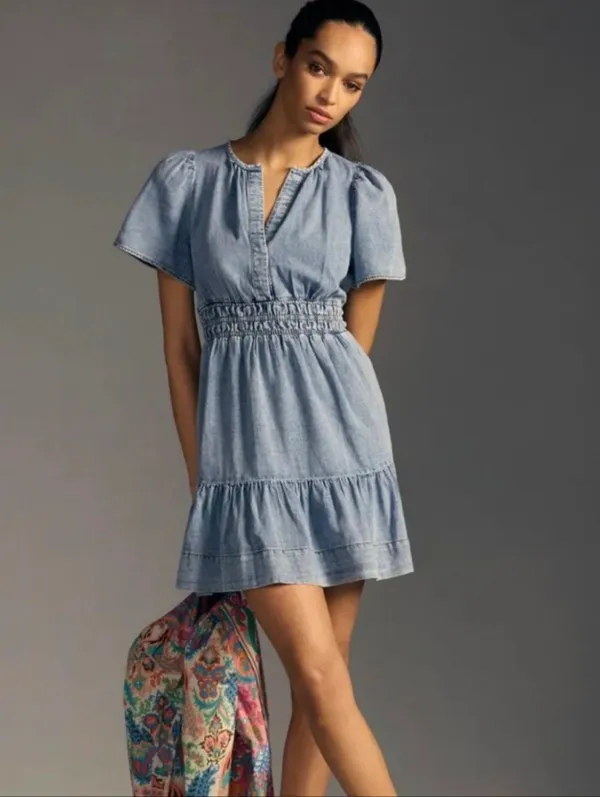 Anthropologie The Somerset Mini Dress Denim Edition Smock Waist Tiered Hem XXS - Image 2
