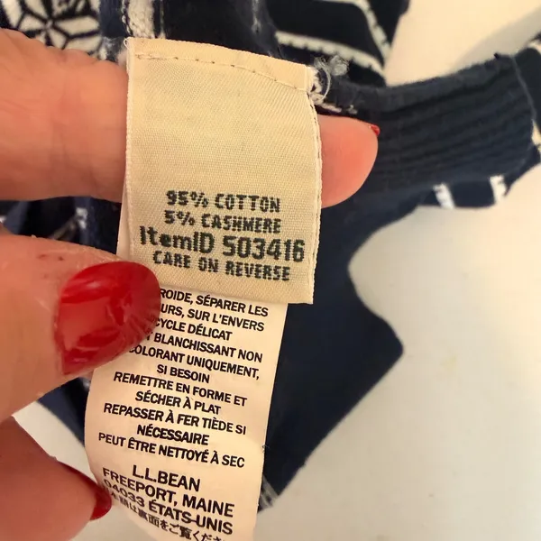 LL Bean Womens Cotton Cashmere Sweater Navy Blue White Fair Isle Turtleneck - Image 2