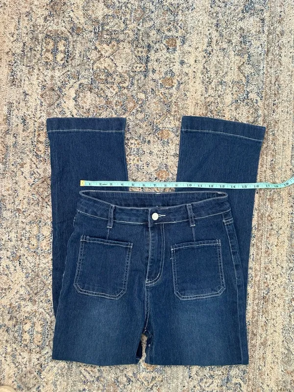 High Waist Front Pocket Crop Wide Leg Jeans Dark Wash Size SX - Image 2