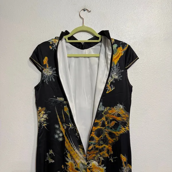 Vintage Style Black Satin Cheongsam Bird Print Midi Dress Sz M - Image 6
