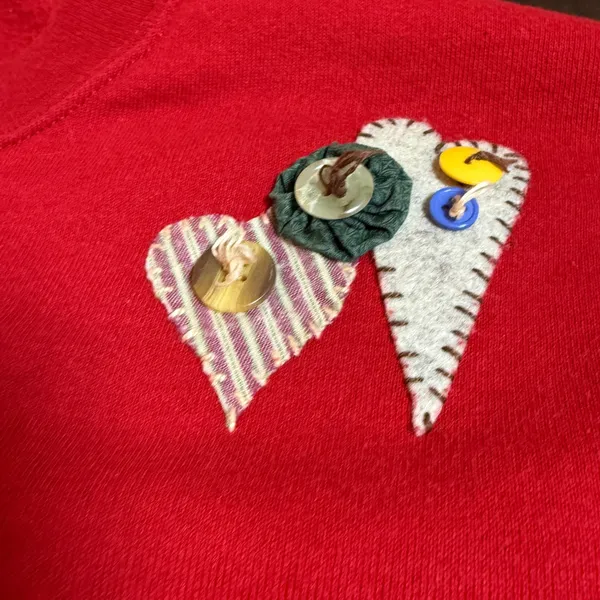 Vtg 90s Jerzees Sweatshirt L Red Patchwork Quilt Hearts Grandmacore USA Made - Image 4