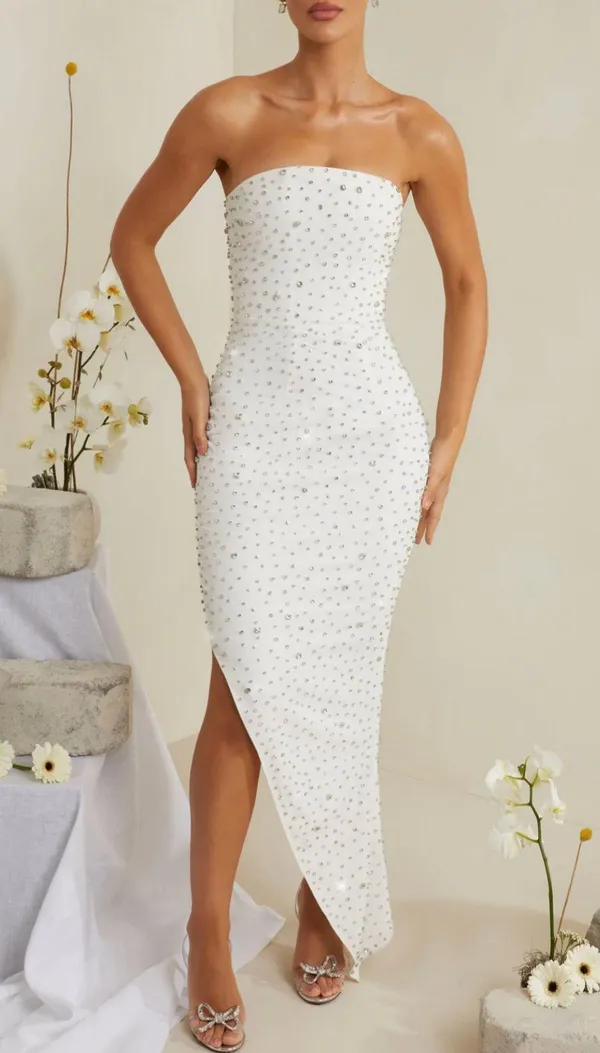 Oh Polly VIVICA Hand Embellished Asymmetric Midi Dress in White Bridal Dress - Image 6