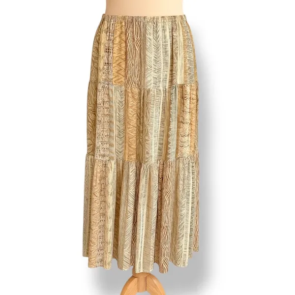 Vintage Petites Earthy Crinkle Rayon Tiered Patchwork Boho Maxi Skirt Festival‎ - Image 3