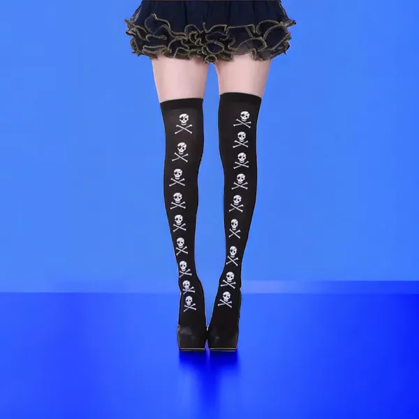 Skull Print Thigh High Socks, Cosplay Over The Knee Socks One‎ Size - Image 5