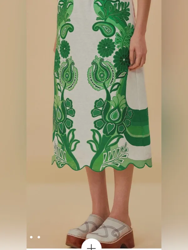 FARM RIO Women’s Midi Skirt White Green Floral Festival Linen Size Large - Image 2