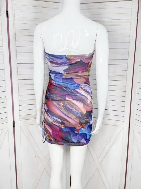 Y2k Mint Vanilla Printed Mesh Cinch Side Strapless Bodycon Mini Dress‎ Blue 8 - Image 5