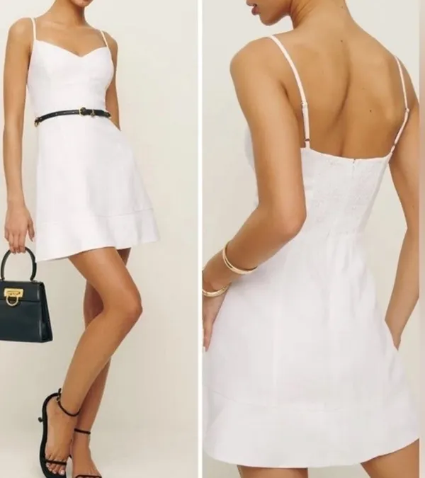 Reformation White Linen Mini Dress Sweetheart Neckline Smocked Back Sz 0 NWT - Image 3