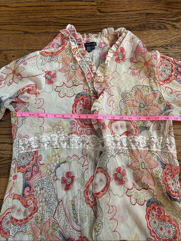 Piano Sheer Floral Paisley Tie Front Blouse Cream Coral Lace Trim Ruffle Size L - Image 7
