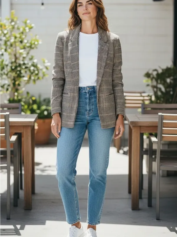 Old Navy Houndstooth One Button Jacket in Black, Beige & Brown - Image 4