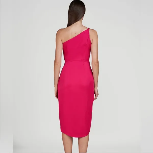 AMUR Deena One Shoulder Midi Dress in Rosie Raspberry‎ Hot Pink Satin Cut Out 4 - Image 2