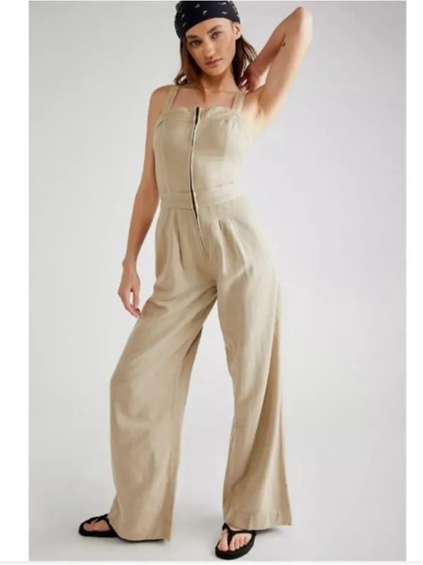 Free People Call On Me Tan Linen Blend Zip Front Wide Leg Jumpsuit Size XL - Image 3