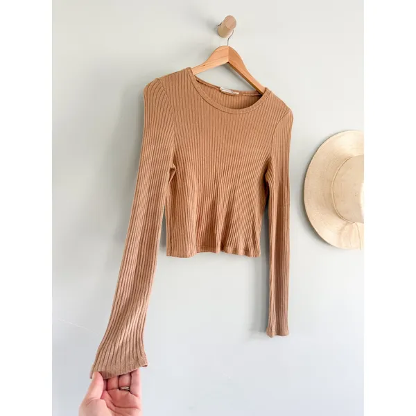 Reformation | Jackie Ribbed Long Sleeve Top in Buff Tan | Est. Sz M - Image 3