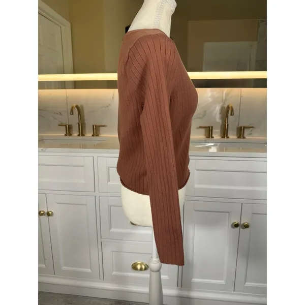 Abercrombie & Fitch Cardigan Womens Medium Brown Ribbed V Neck Button Front Knit - Image 3