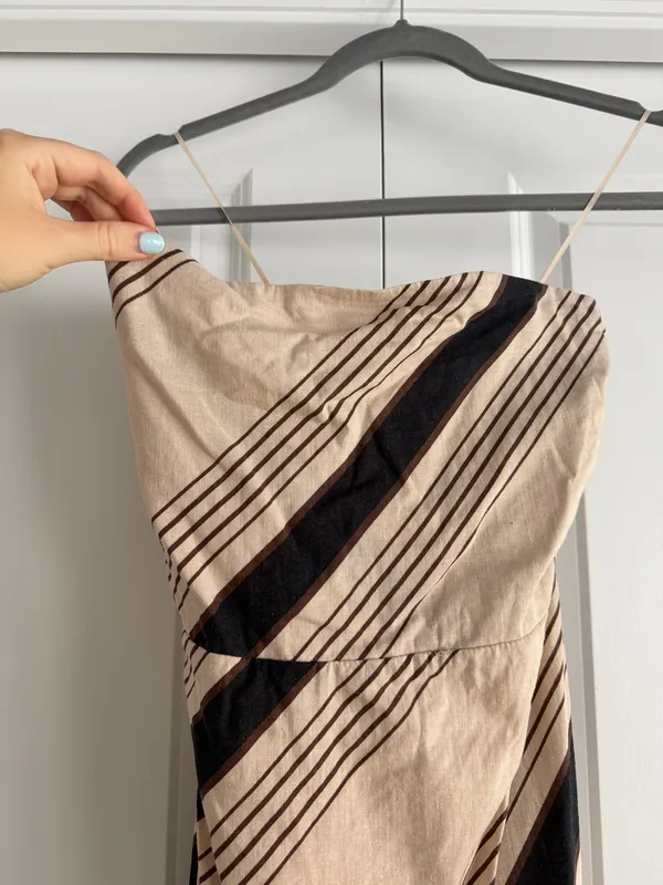 Olivaceous Beige and Black Striped Strapless Maxi Dress - Image 3