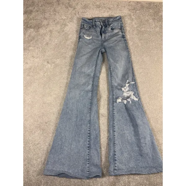 American Eagle‎ Jeans Womens 000 Short Light Wash Super Hi-Rise Flare Distressed - Image 2