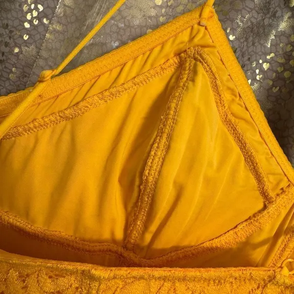 Free People Light Me Up Golden Yellow Floral Lace Slip Bodycon Dress Large - Image 8