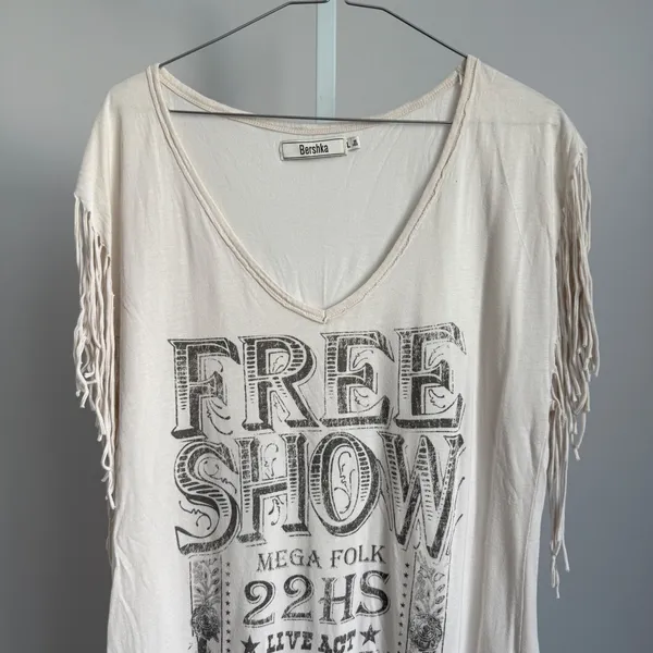 Bershka‎ Womens Large Fringe Tunic Top Free Show Graphic Bohemian Festival - Image 2