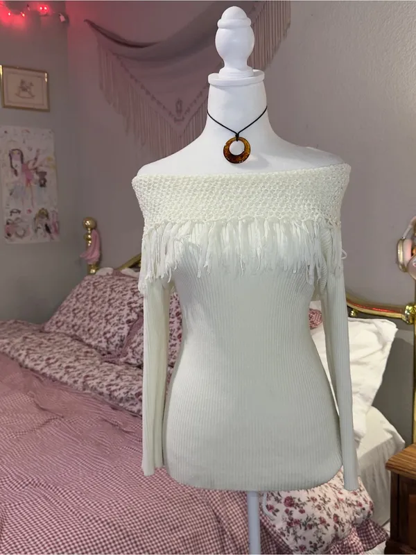 Y2K Off-Shoulder Fringe Knit Sweater - Ivory - Image 3