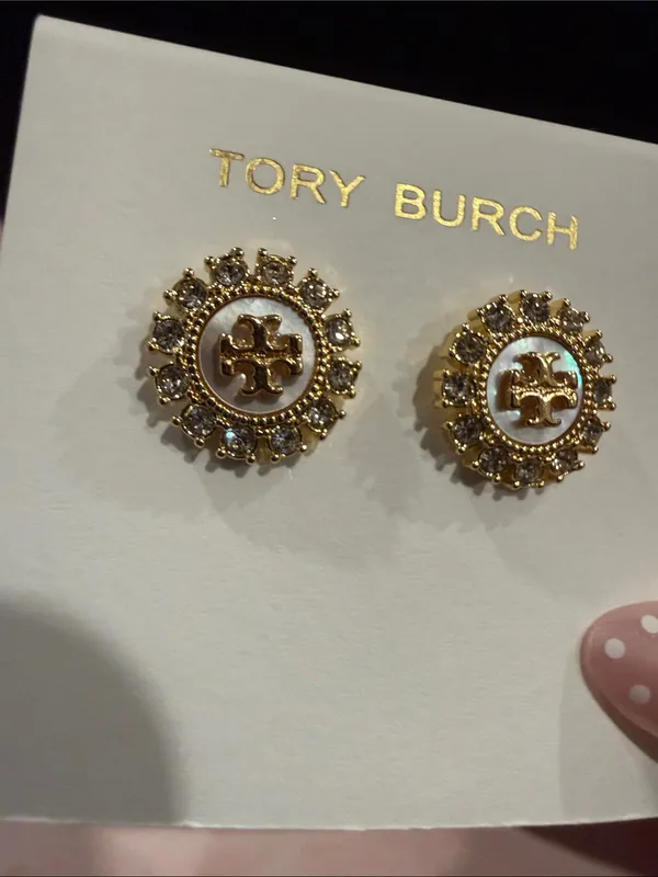 Tory Burch | Gold Mother of Pearl & Crystal Logo Stud Earrings | $150 Retail - Image 4