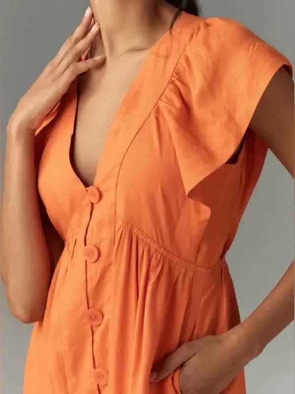Reneé Flutter-Sleeve Linen Button-Front Midi Dress Pockets Orange Size Medium - Image 5