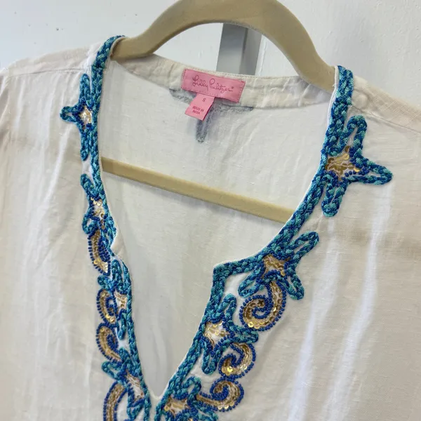 Lilly Pulitzer Amelia Island Tunic White Embroidered Beaded Sequin Small Boho‎ - Image 7