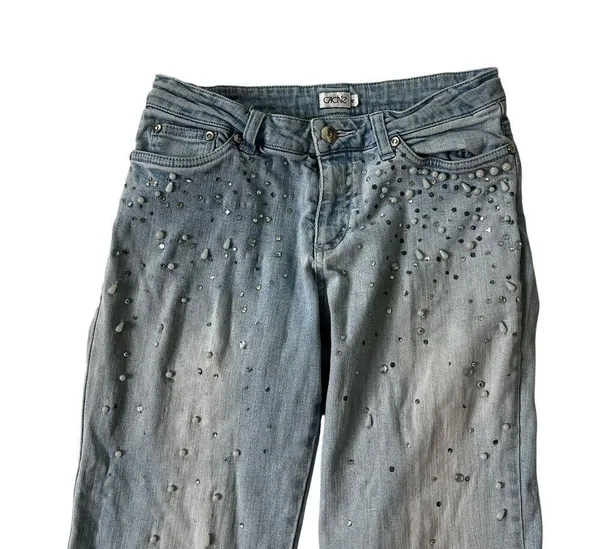 Cache Blue Embellished Bedazzled Rhinestones Beaded Flare Jeans Women 4 | 65-4 - Image 3
