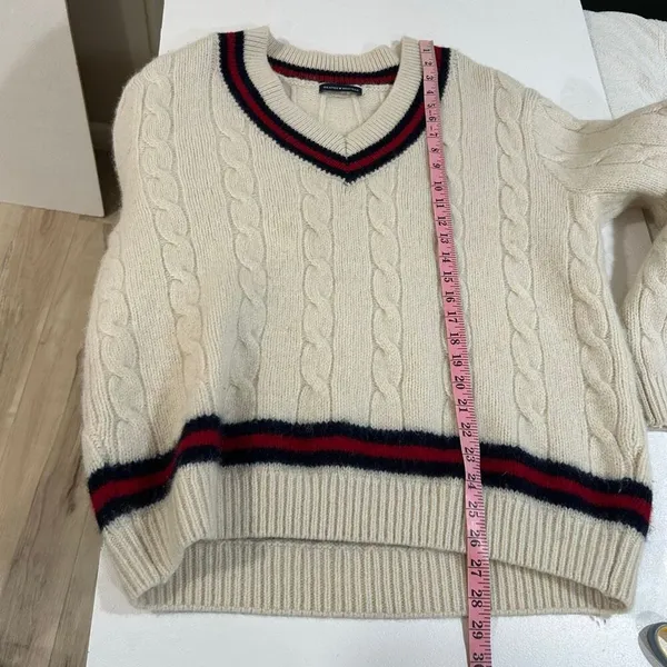 Brandy Melville Cable Knit Varsity V Neck Sweater Cream One Size Preppy - Image 6