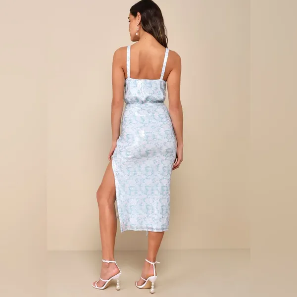 Lulus NWT Glistening Beauty Light Blue Floral Sequin Tie-Front Midi Dress - Image 5