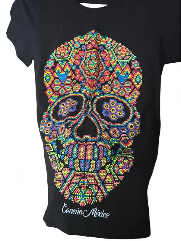 Sugar Skull Tee Black Spooky Graphic Euro Cotton Casual Y2K Bright Festival S - Image 2