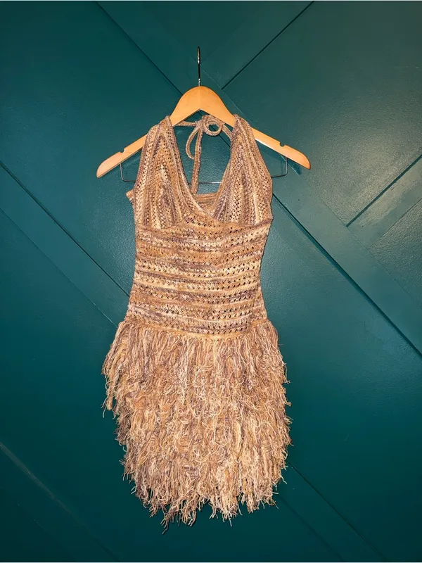Women's Vintage Inspired Maillard Color Tassel Hem V-Neck Halter Mini Dress - Image 2