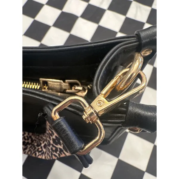 Chic Black Crossbody Bag with Leopard Print Guitar Strap Gold Hardware purse - Image 7
