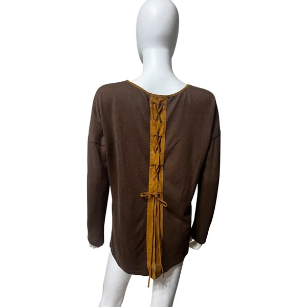 YA Los Angeles Brown Knit Top Faux Suede Lace Up Back Boho Long Sleeve Size L - Image 2